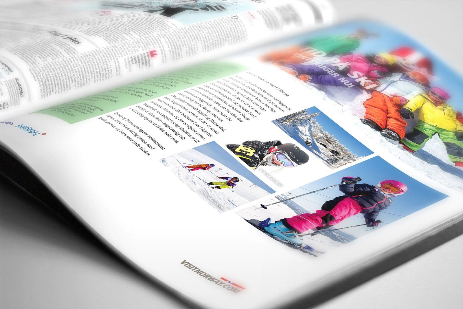 Creative direction og art direction til vinterkampagne med magasinopslag af skiløbere i farverigt tøj på snedækket skiløjpe