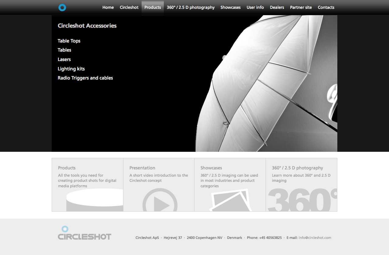 UI design af produktwebsite med navigationsmenuer og tilpasset layout til 360° fotosystem