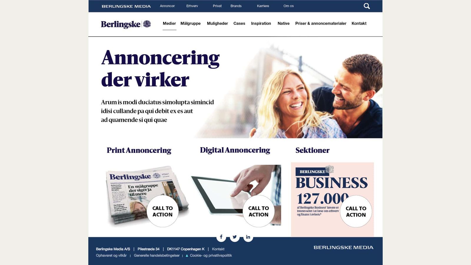 Unified advertising portal interface design med navigation til fire mediemærker på én platform