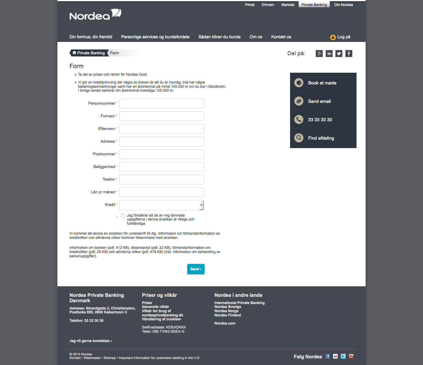 Form-interface til Private Banking med inputfelter for persondata, adresse og kredittype i minimalistisk design