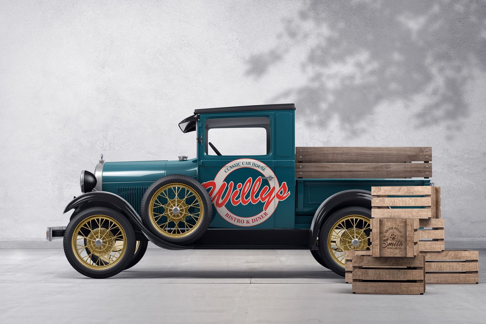 Creative direction for Willys Bistro viser vintage pickup med diner-logo på sidekarrosseri og træ lastbil