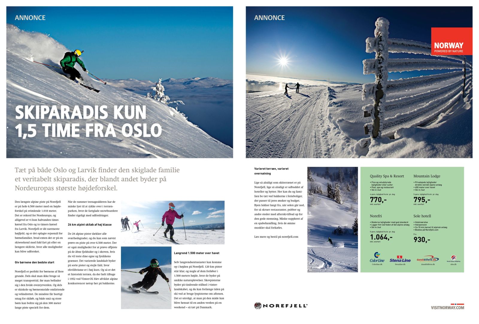 Printannoncer med art direction for vinterkampagne – skiløber på alpeskråning og snølandskab med fjelde