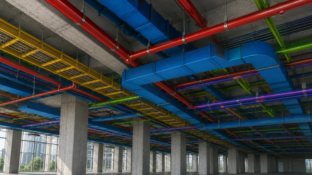 BIM coordination model showing architectural, structural, and building services systems for clash detection.