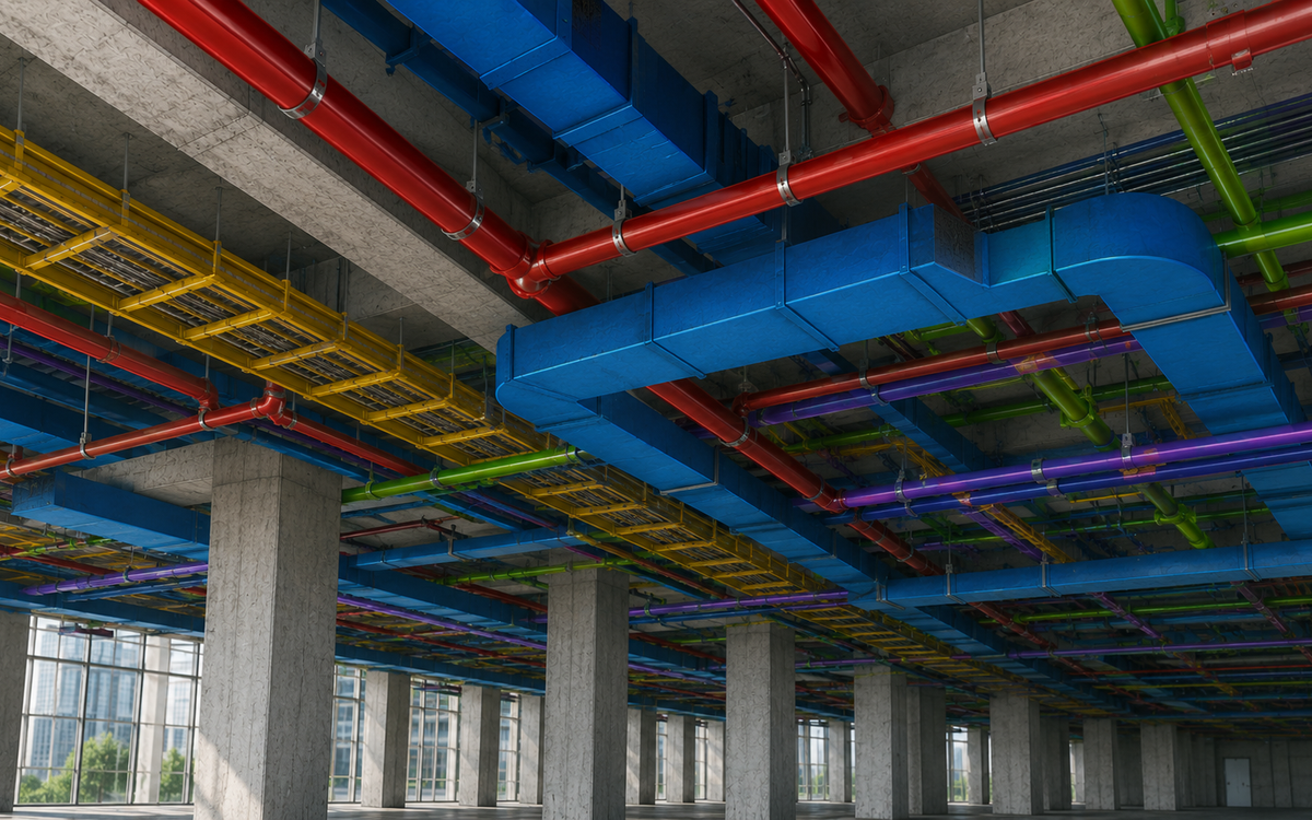 BIM coordination model showing architectural, structural, and building services systems for clash detection.