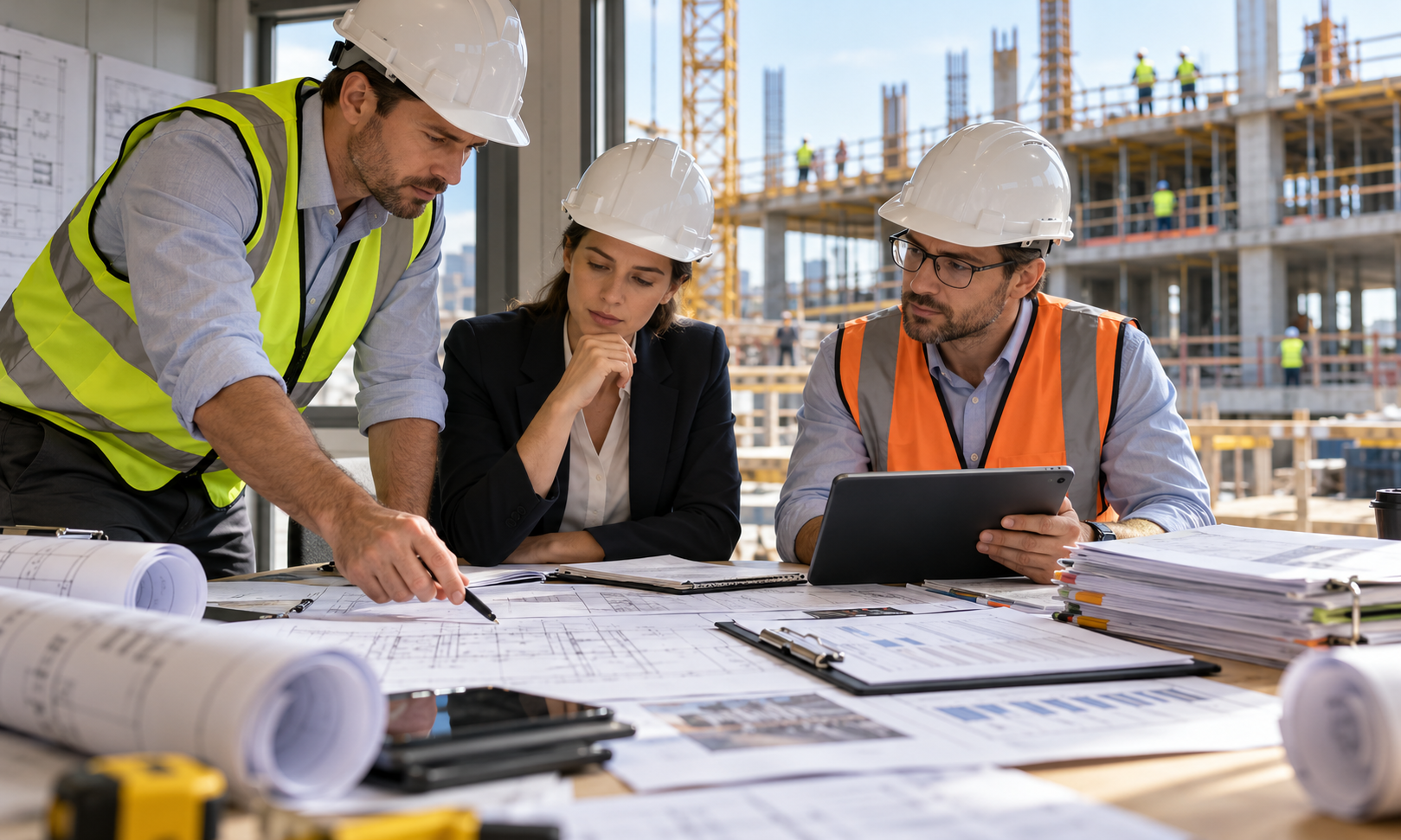 Construction consultants reviewing drawings and Variation Order documents for project change management and cost control
