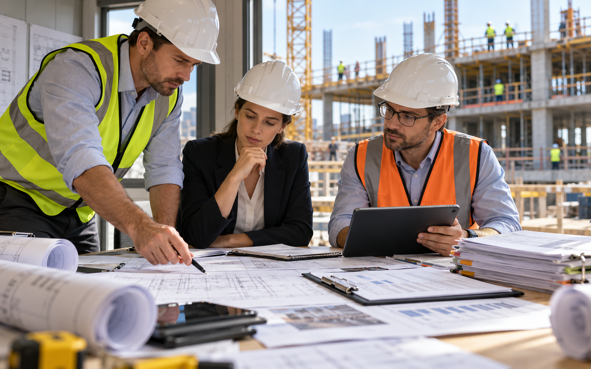 Construction consultants reviewing drawings and Variation Order documents for project change management and cost control