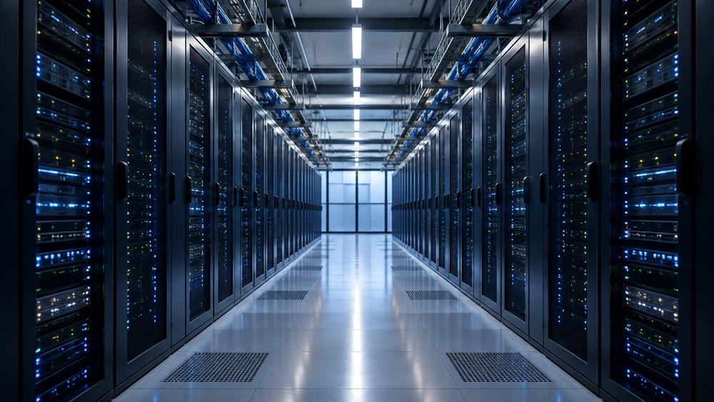 Modern Data Center server infrastructure supporting cloud computing, AI, and digital services