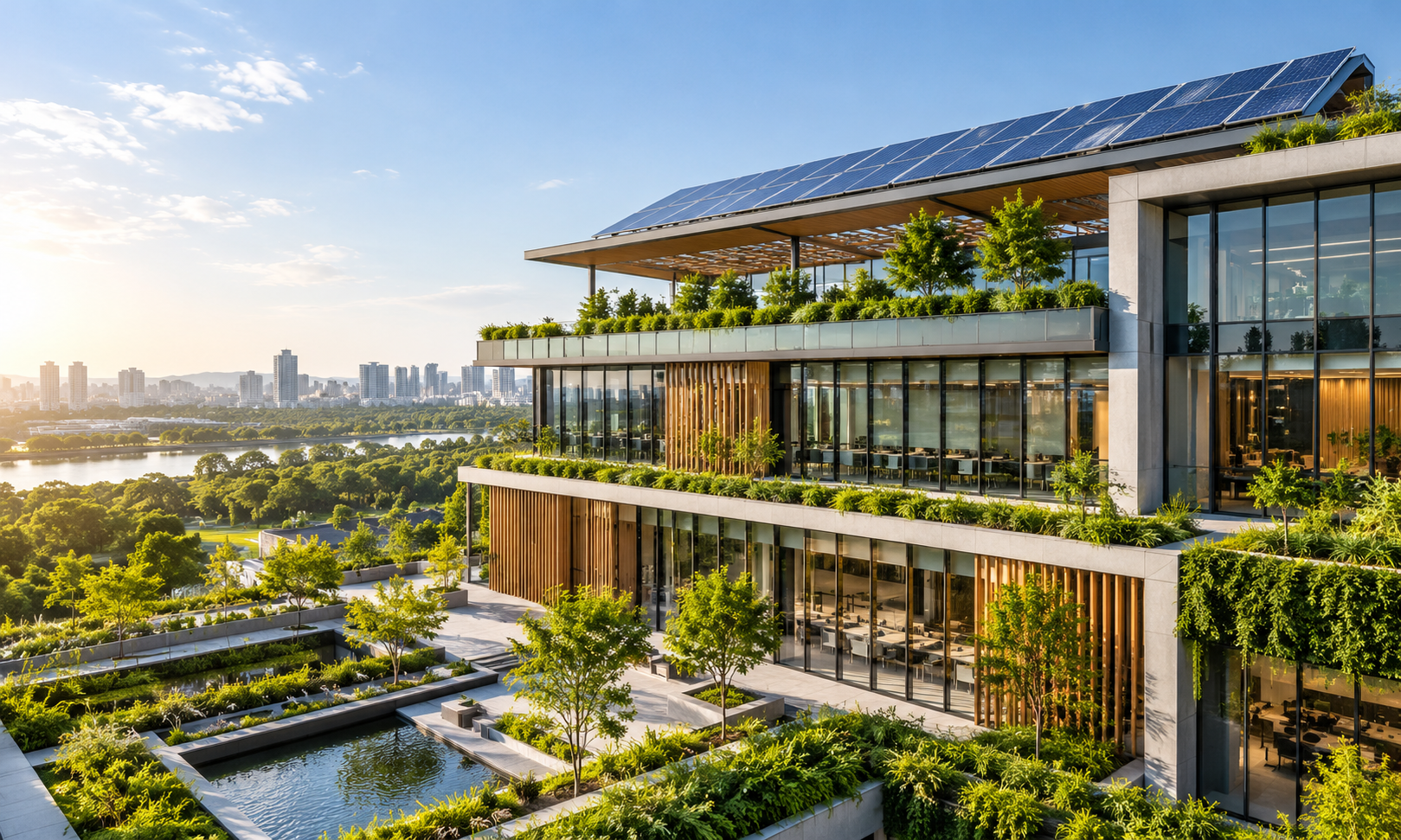 Sustainable building design incorporating solar energy and energy-efficient architectural features