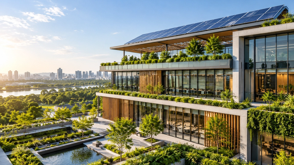 Sustainable building design incorporating solar energy and energy-efficient architectural features