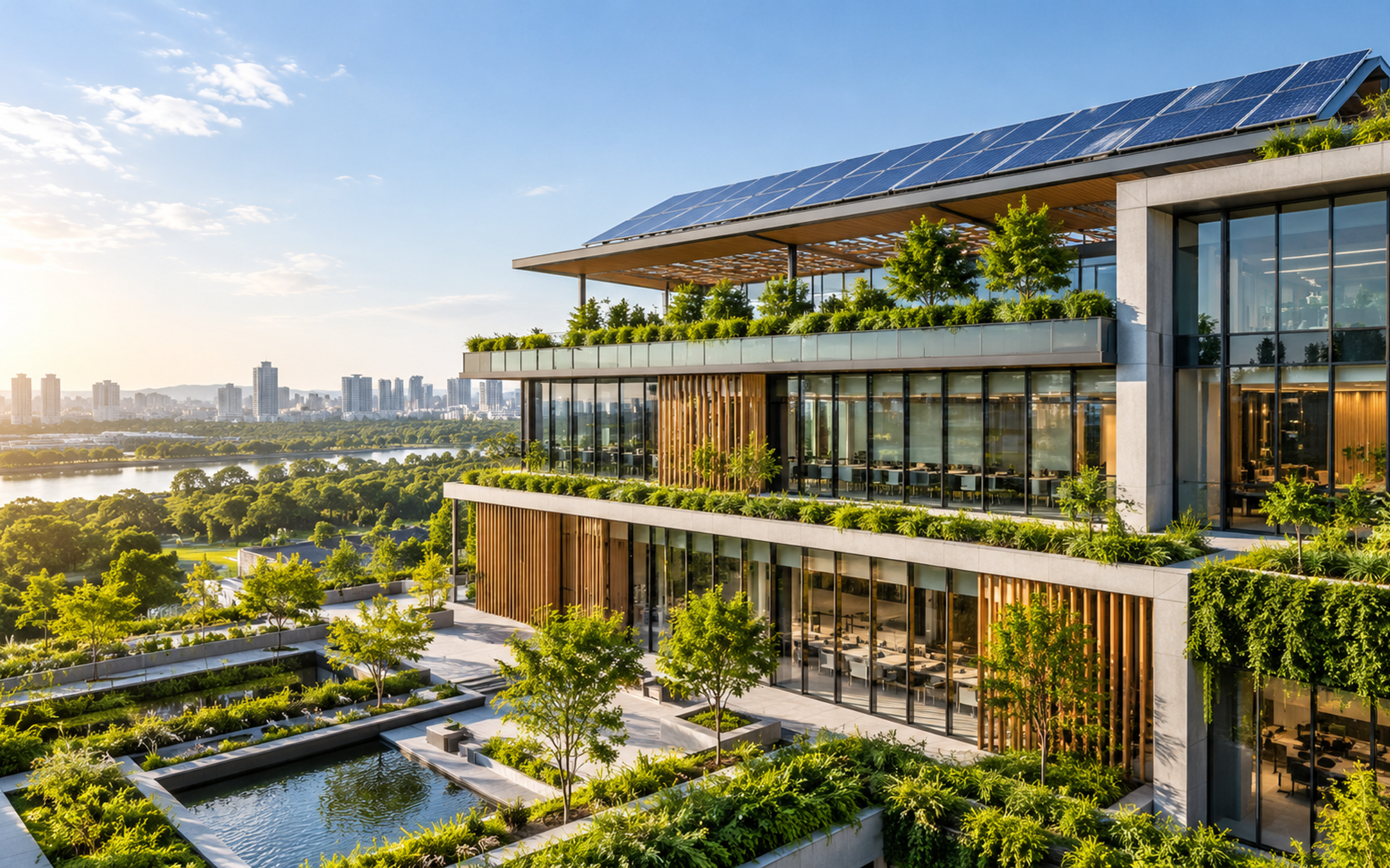 Sustainable building design incorporating solar energy and energy-efficient architectural features