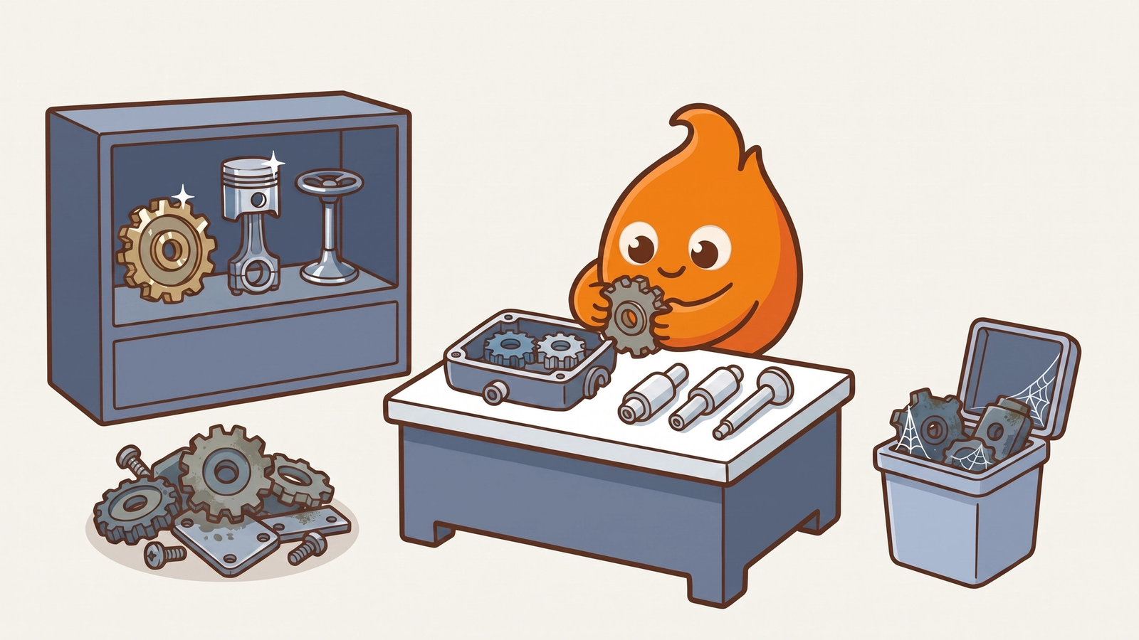 Illustration: engine parts sorted three ways — polished parts kept in a display case, one part being refitted on the workbench, and worn parts retired to a bin.