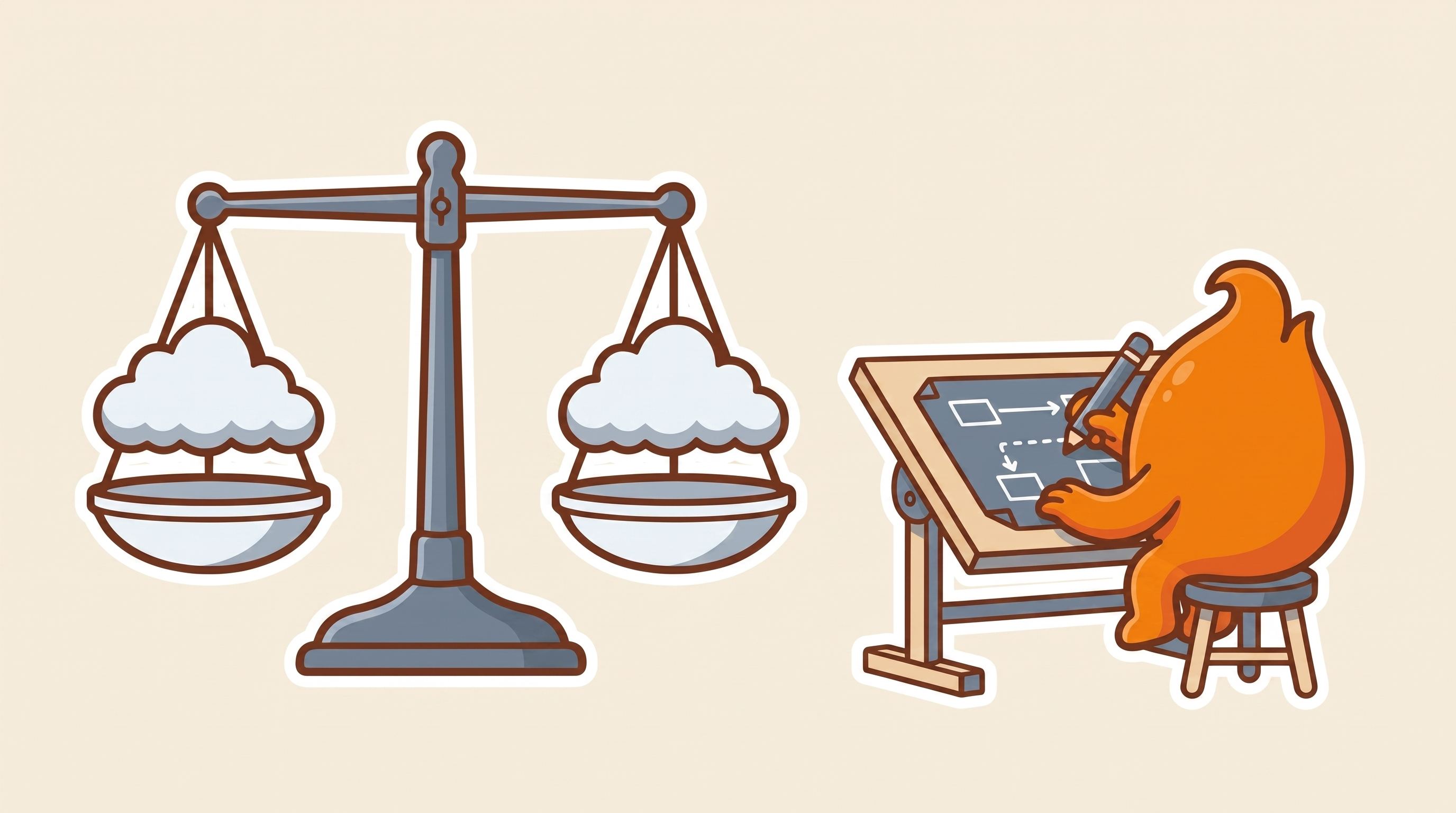 Illustration: a balance scale holds an identical cloud in each pan, perfectly level, while the migration plan is already being drafted at a drawing table beside it.