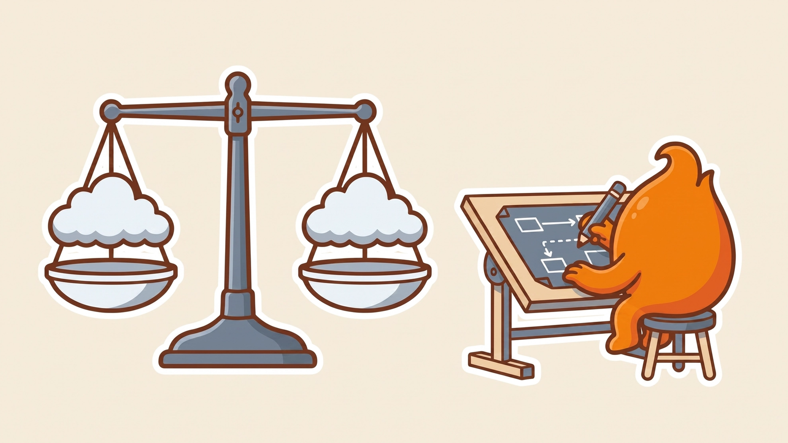 Illustration: a balance scale holds an identical cloud in each pan, perfectly level, while the migration plan is already being drafted at a drawing table beside it.