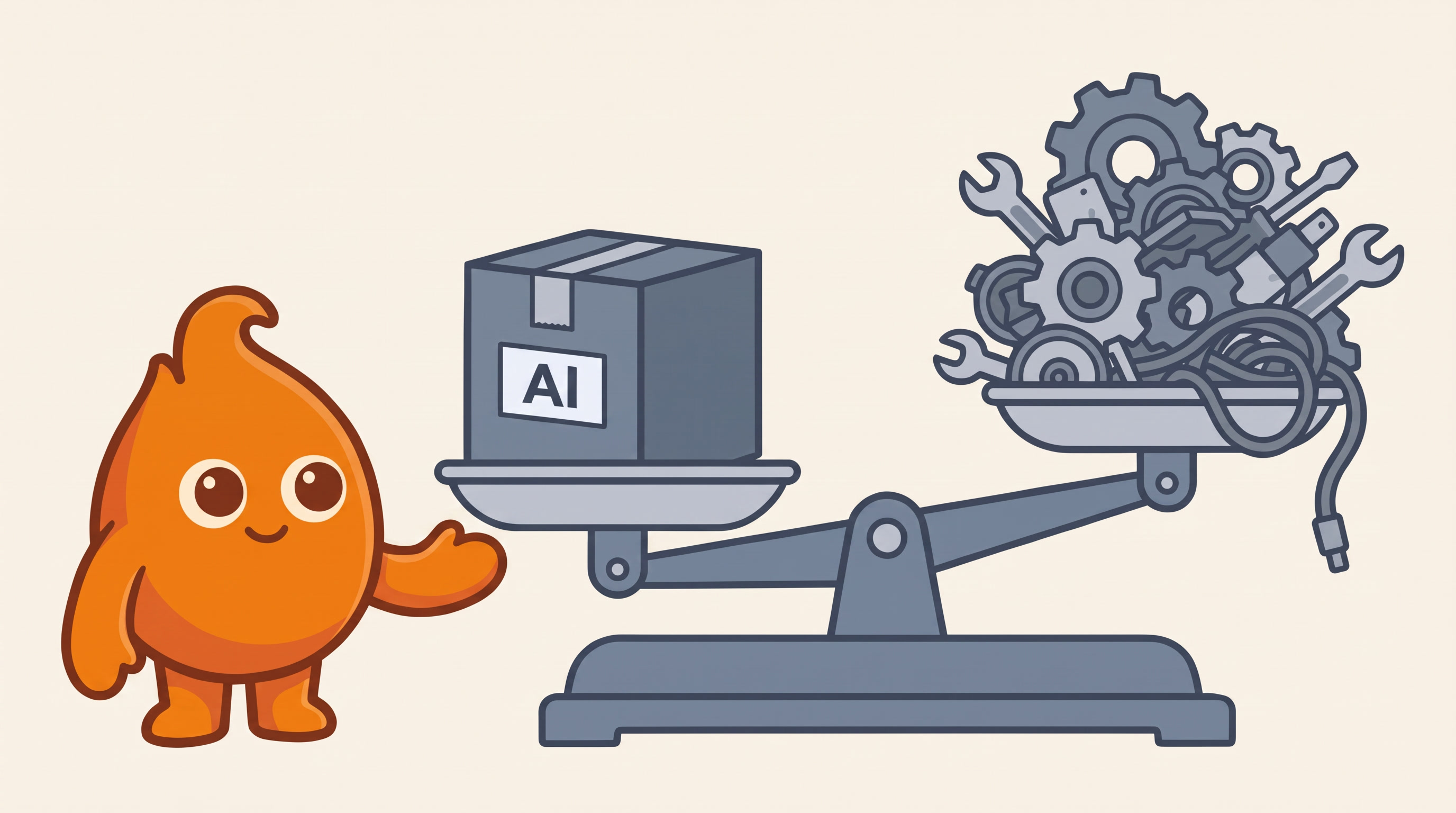 A balance scale weighing a neat boxed AI unit against a tall messy pile of gears, wrenches, and cables; the boxed unit's pan sits lower, outweighing the build-it-yourself parts pile