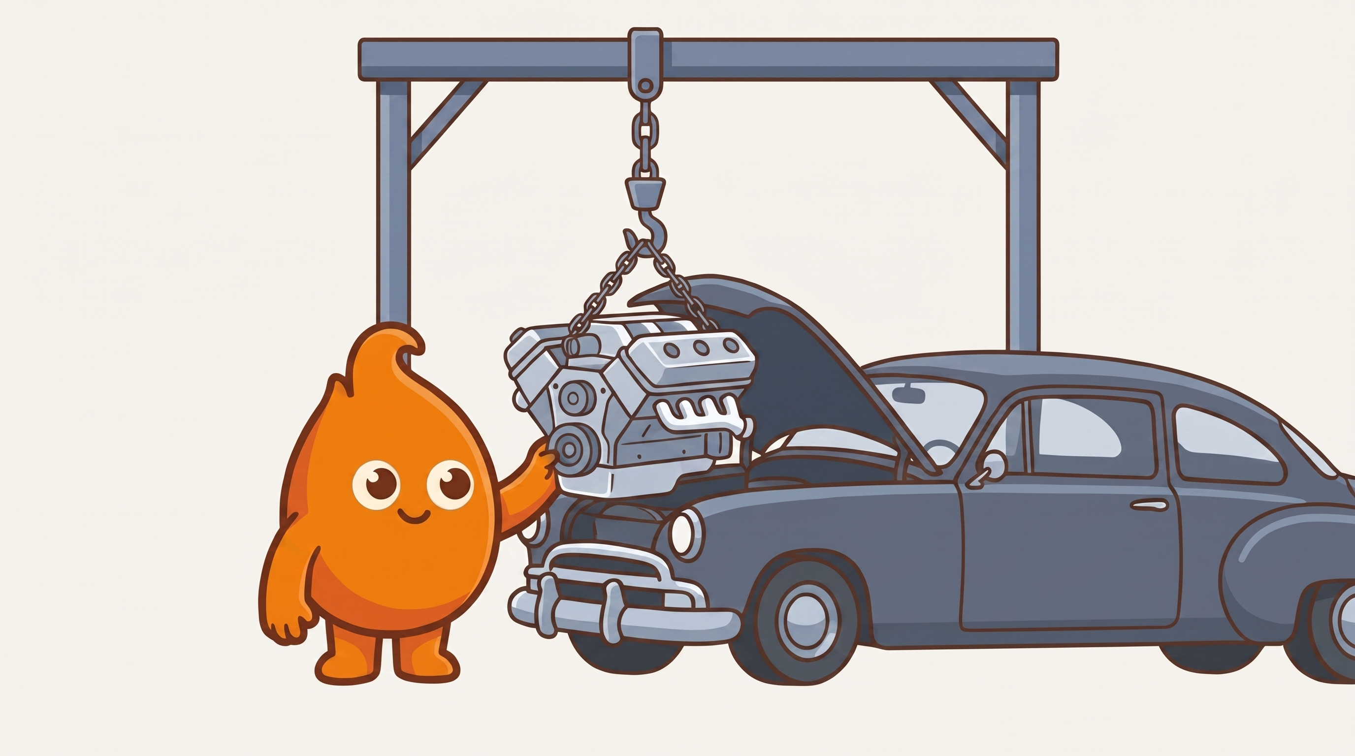 Illustration: a chain hoist lowers a modern engine into a gleaming, well-kept classic car — new power fitted into a body that never stopped being maintained.