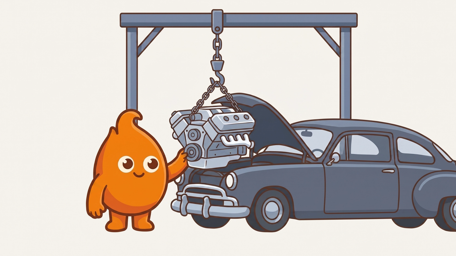 Illustration: a chain hoist lowers a modern engine into a gleaming, well-kept classic car — new power fitted into a body that never stopped being maintained.