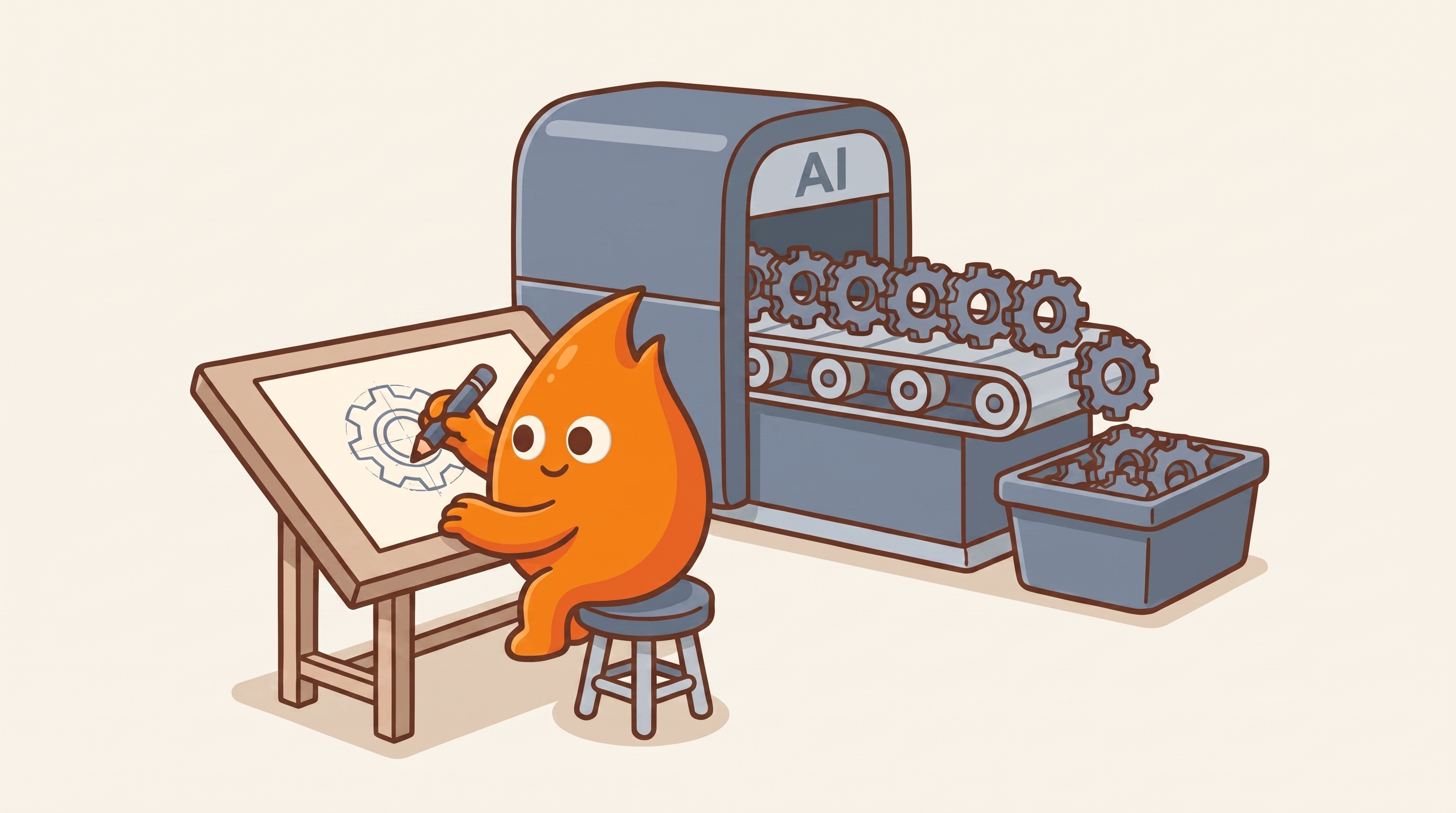 The mascot hand-drafts one precise gear design while a faceless AI fabricator mass-produces identical gears in the background — division of labor between judgment and repetition.