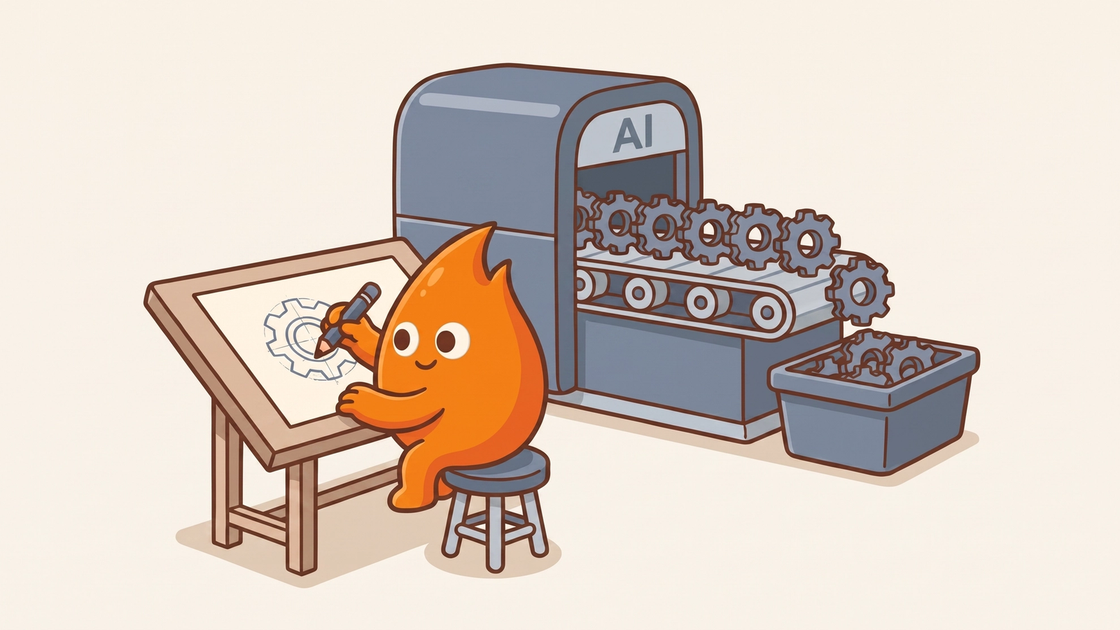 The mascot hand-drafts one precise gear design while a faceless AI fabricator mass-produces identical gears in the background — division of labor between judgment and repetition.