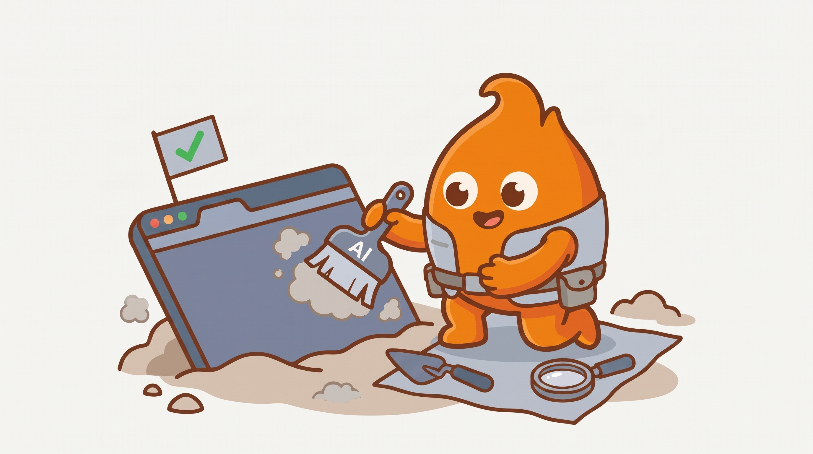 A dig site: the mascot brushes dust off a half-buried browser-window slab with an AI-labeled brush, a green checkmark flag planted on the verified corner