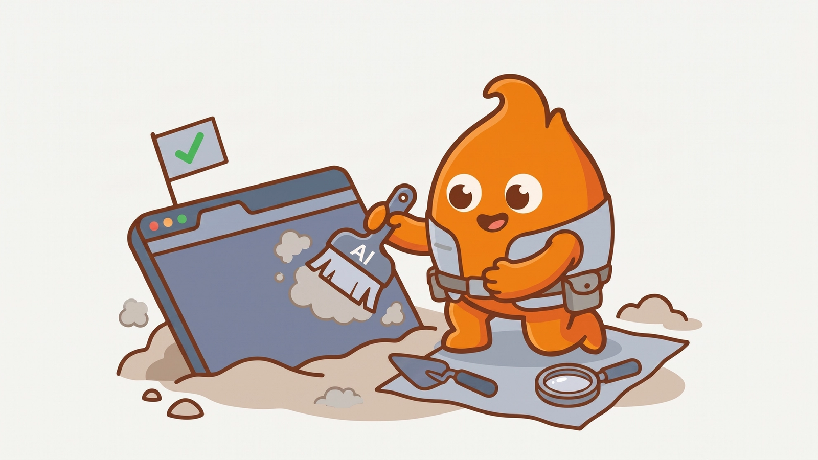 A dig site: the mascot brushes dust off a half-buried browser-window slab with an AI-labeled brush, a green checkmark flag planted on the verified corner