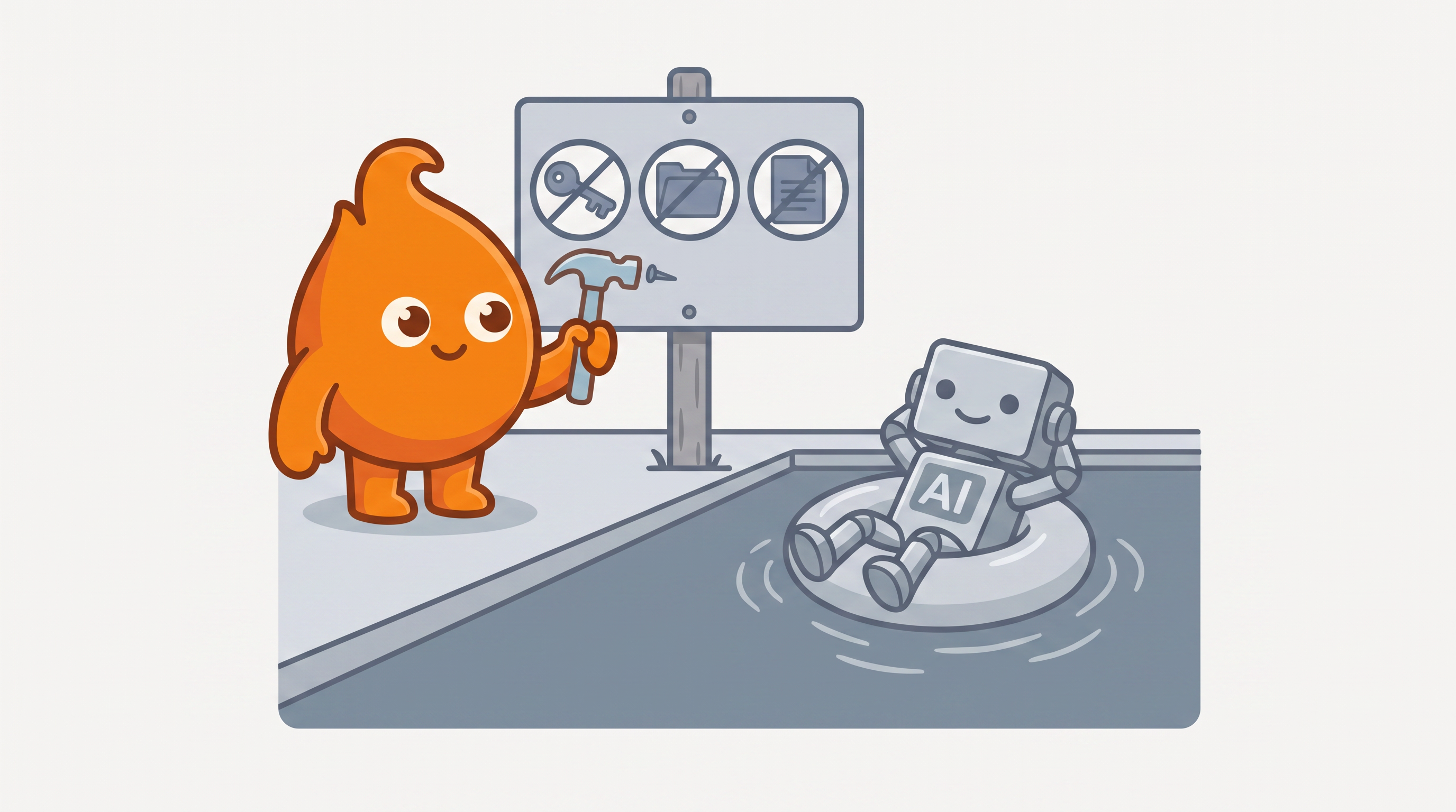A rules board of crossed-out icons posted poolside while the AI-labeled robot floats obliviously in an inner tube