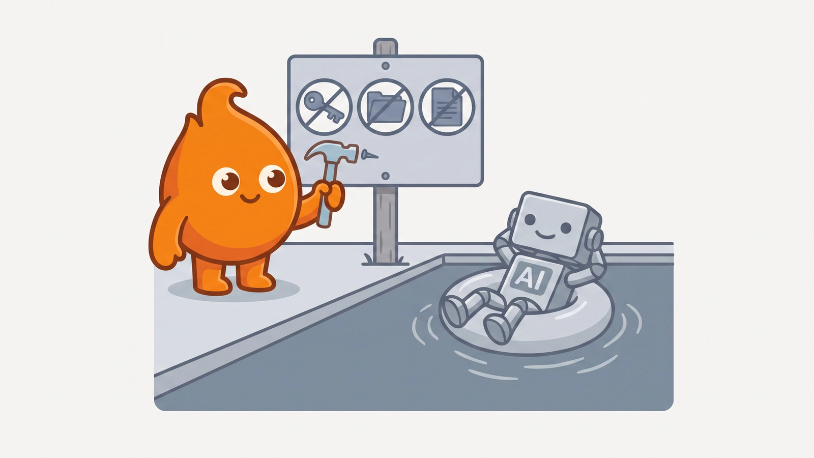 A rules board of crossed-out icons posted poolside while the AI-labeled robot floats obliviously in an inner tube