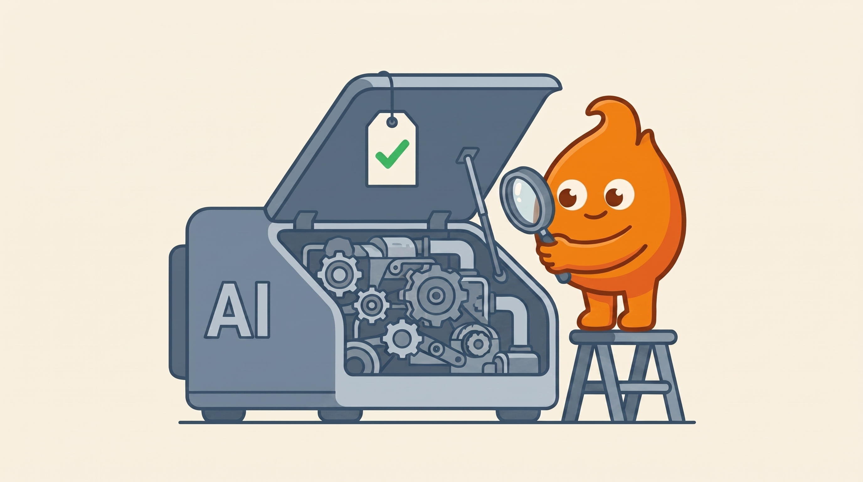 Illustration: the hood of a machine labelled AI is propped open to reveal real gears, belts and pipework inside, inspected up close with a magnifying glass; a tag on the hood carries a green check.