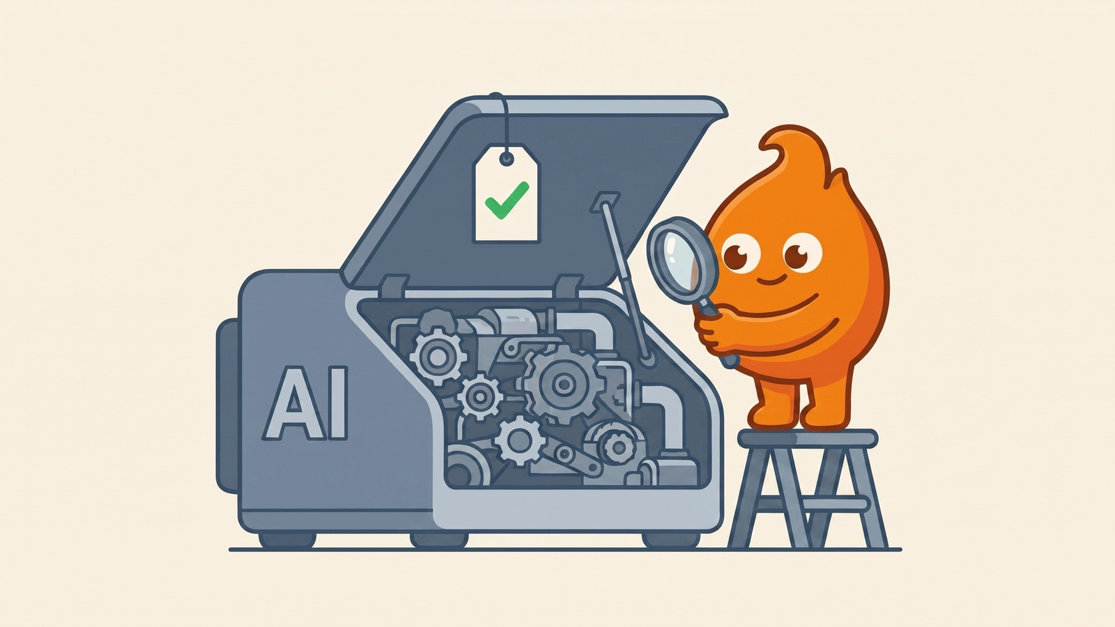 Illustration: the hood of a machine labelled AI is propped open to reveal real gears, belts and pipework inside, inspected up close with a magnifying glass; a tag on the hood carries a green check.