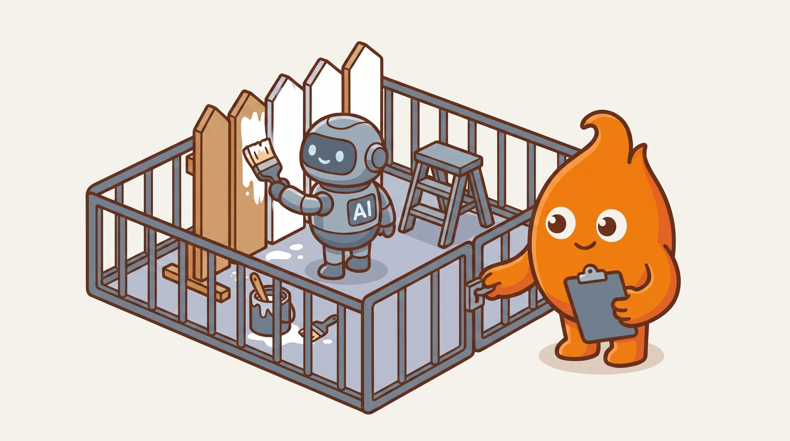 A bounded work zone: an AI robot paints inside a neat low enclosure while the mascot closes the gate latch from outside, clipboard in hand