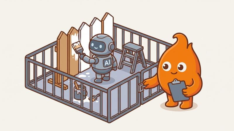 A bounded work zone: an AI robot paints inside a neat low enclosure while the mascot closes the gate latch from outside, clipboard in hand