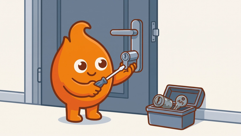 Illustration: a door's lock cylinder being swapped for a new one while the old key, tagged API, is retired to a bin.