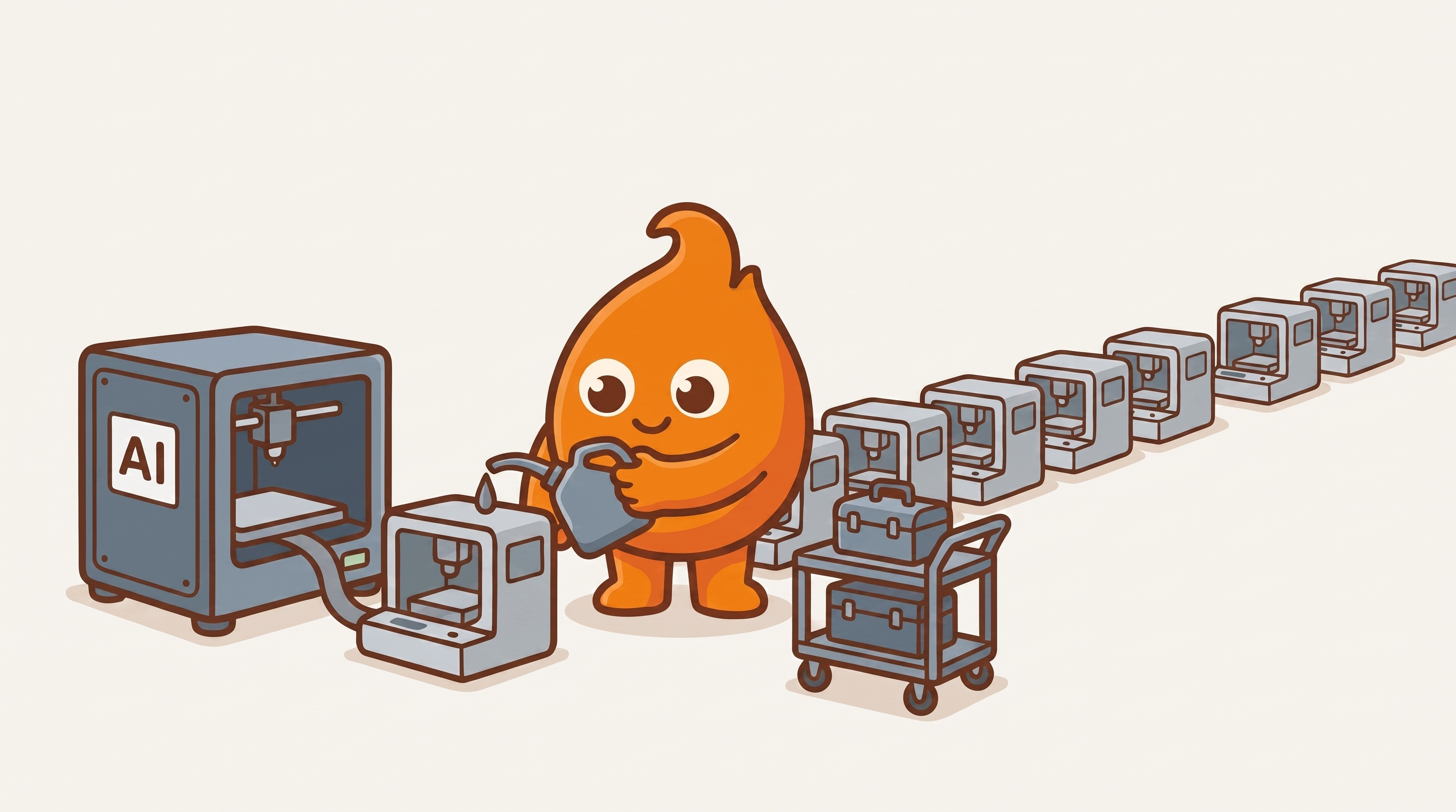 The mascot oils the first machine in a long receding row of identical AI-fabricated machines, a toolbox cart at its side: producing took a moment, maintaining is the queue