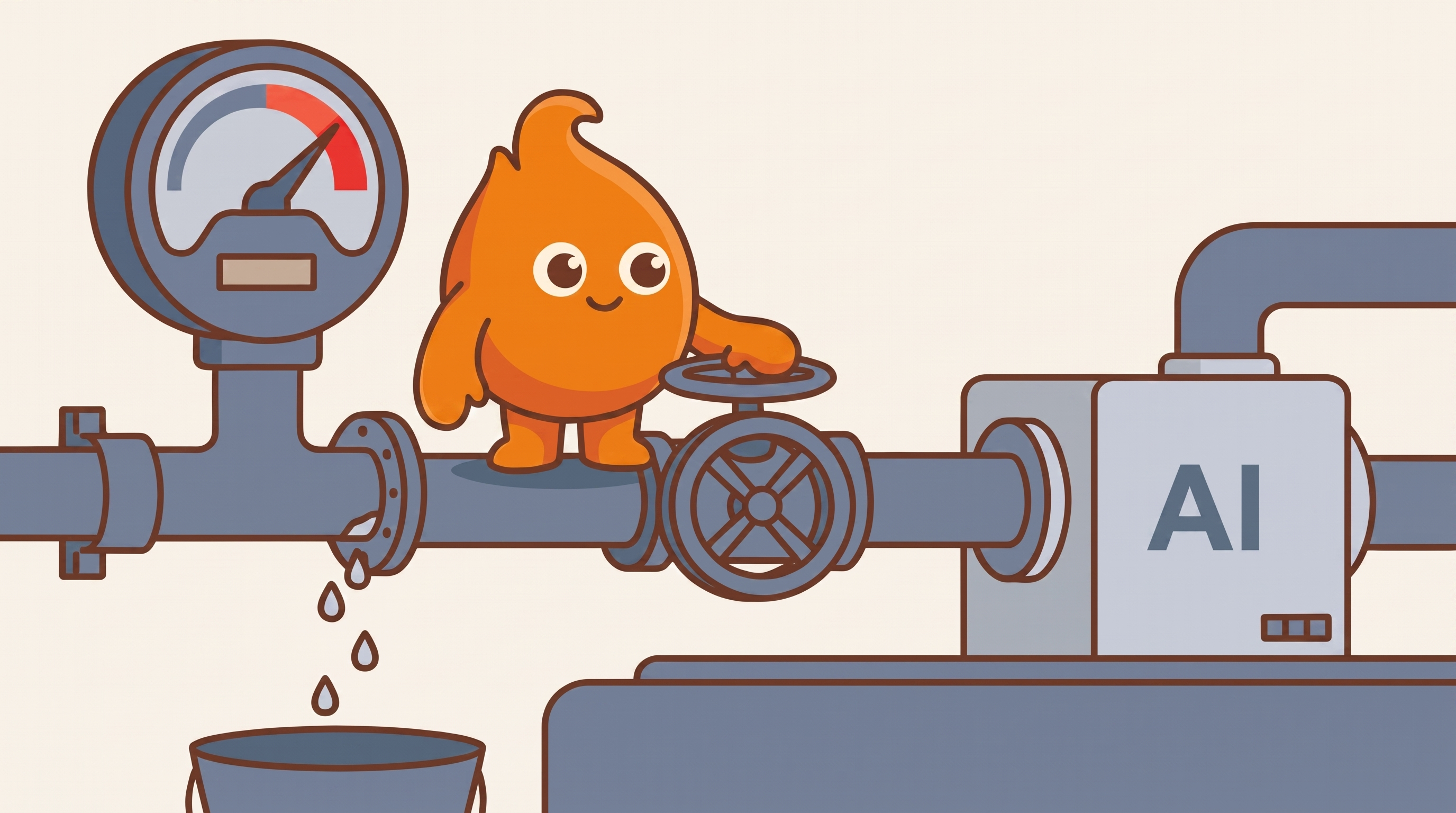 A character ignores a high-reading cost meter and instead turns the upstream valve feeding the AI machine