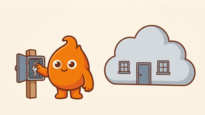 A spare key kept in a key safe well outside a cloud-shaped house, not stored inside the cloud itself