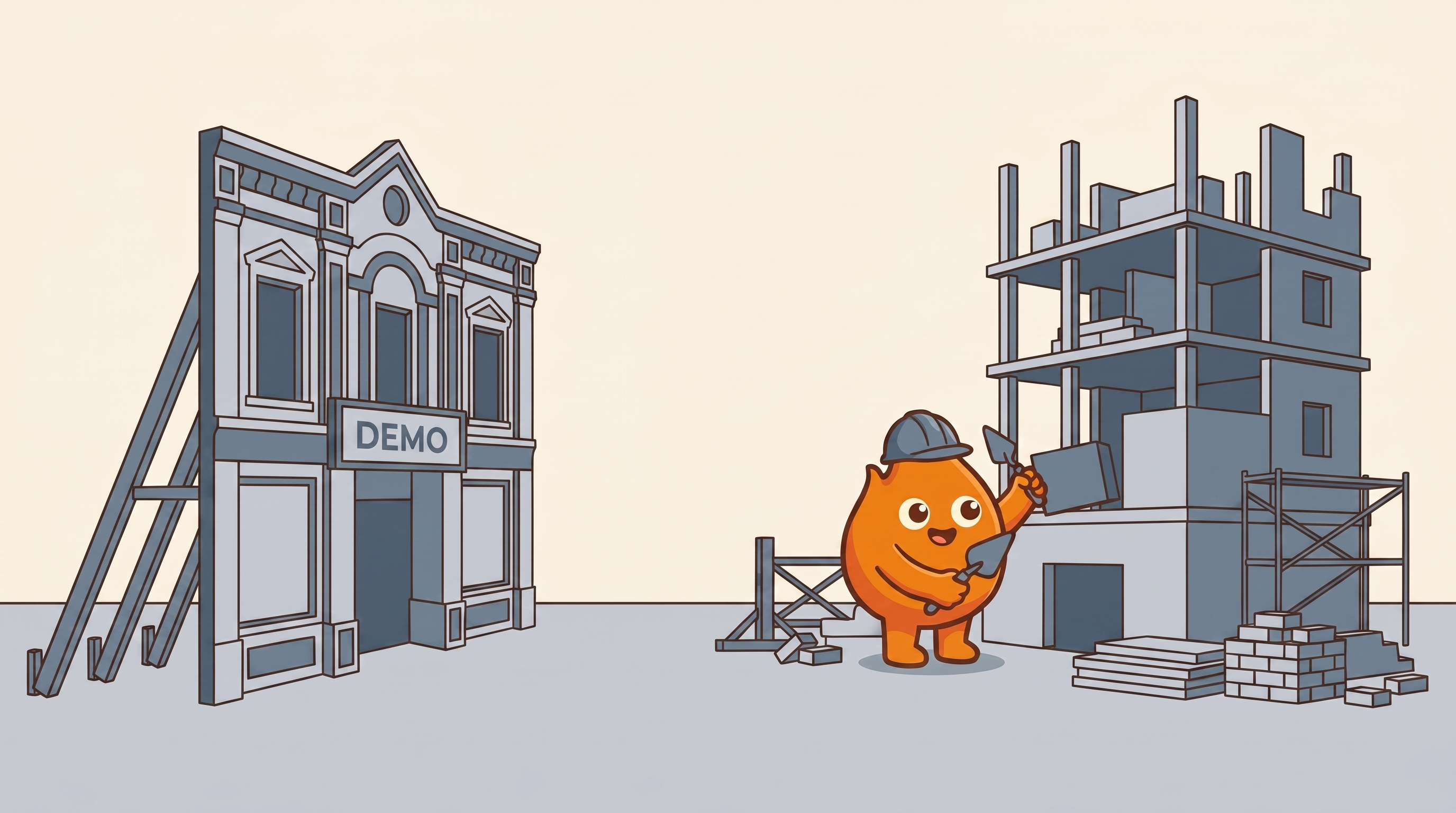 Illustration: a propped-up movie-set facade labeled DEMO stands on braces while a real building rises behind it, bricks and scaffolding in place.