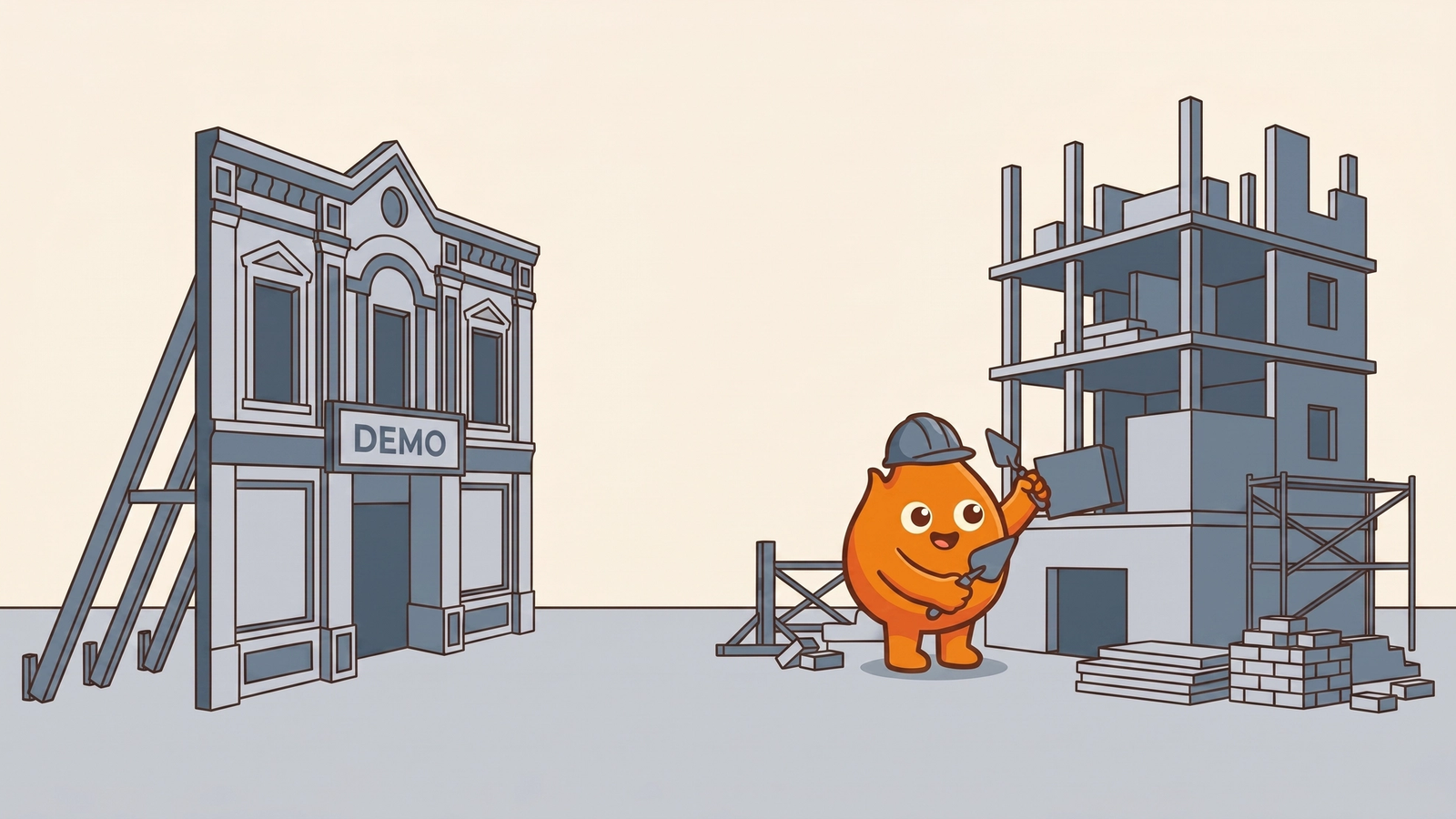 Illustration: a propped-up movie-set facade labeled DEMO stands on braces while a real building rises behind it, bricks and scaffolding in place.
