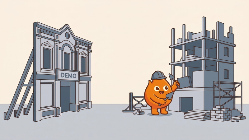 Illustration: a propped-up movie-set facade labeled DEMO stands on braces while a real building rises behind it, bricks and scaffolding in place.