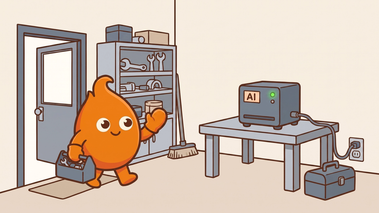 A workroom where the AI console hums independently on its own table, cabled to the wall, while the character walks out the door with a packed toolbox — built to leave once it can run on its own.