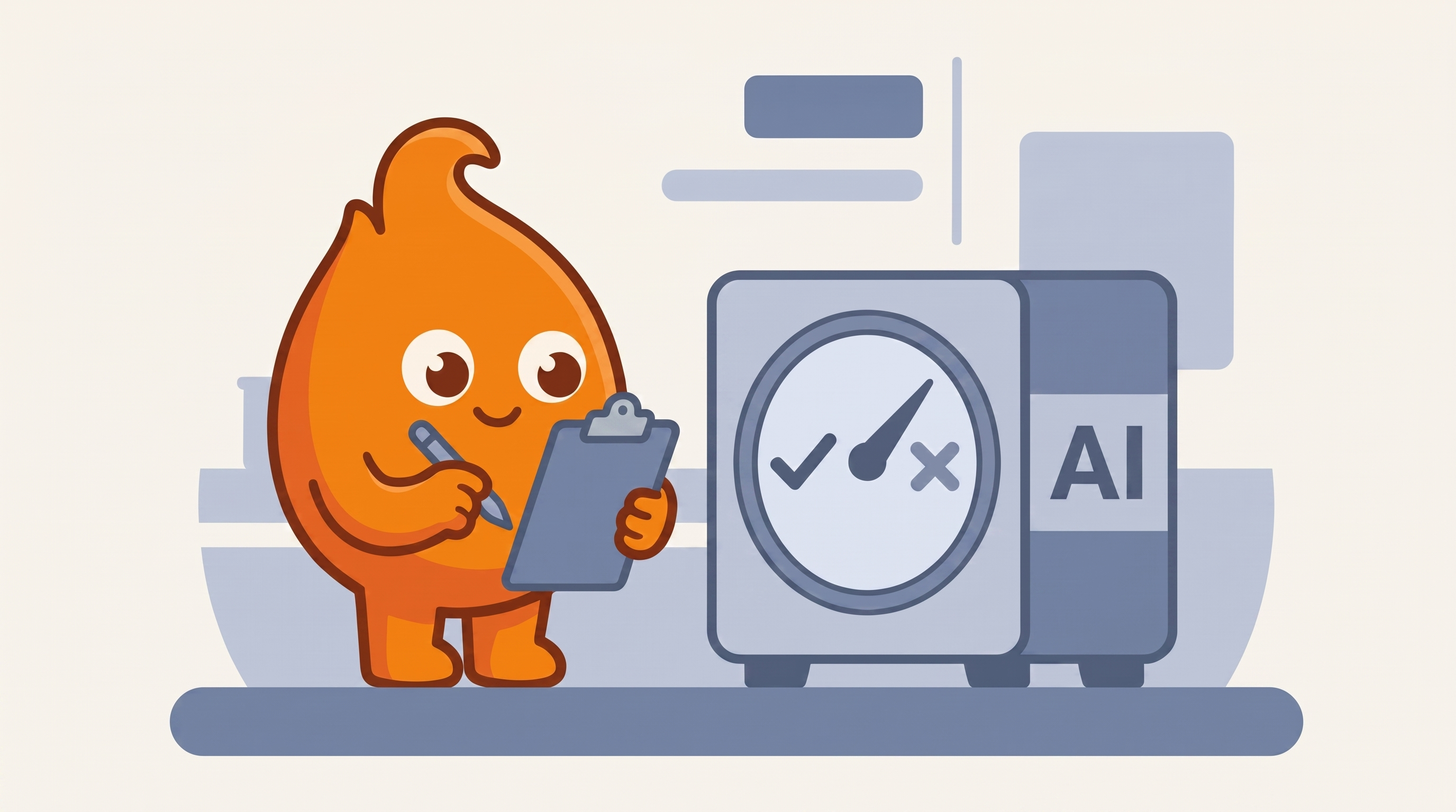 Illustration: a small test machine labeled AI displays a go/no-go dial between a checkmark and an X while its verdict is logged on a clipboard.