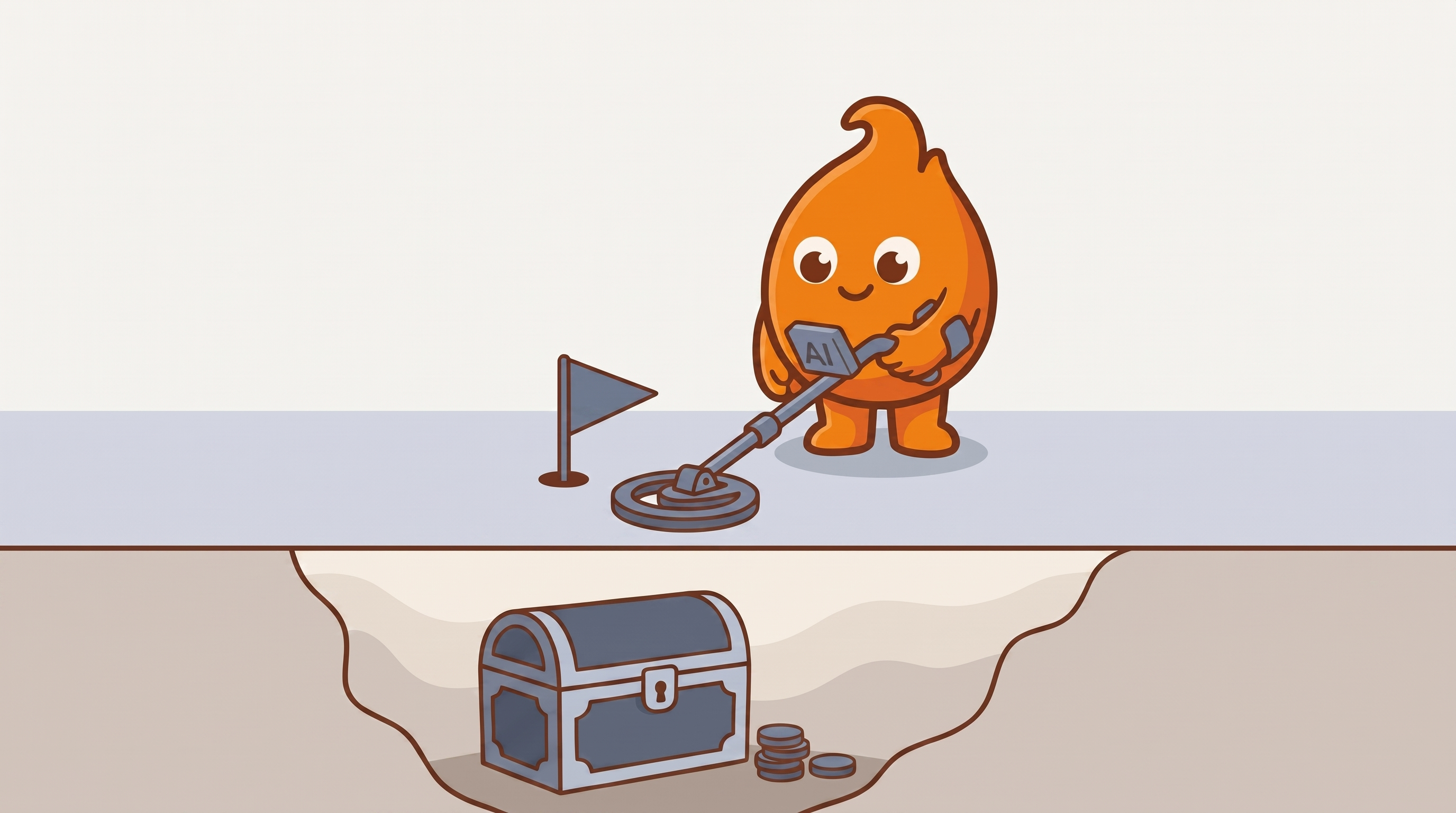 Illustration: a metal detector labeled AI flags one exact spot on the floor; a cutaway below reveals a treasure chest buried beneath the boards.