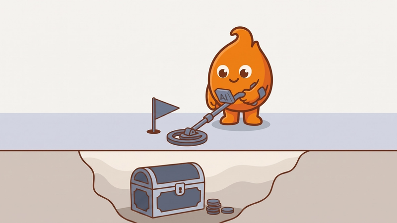 Illustration: a metal detector labeled AI flags one exact spot on the floor; a cutaway below reveals a treasure chest buried beneath the boards.