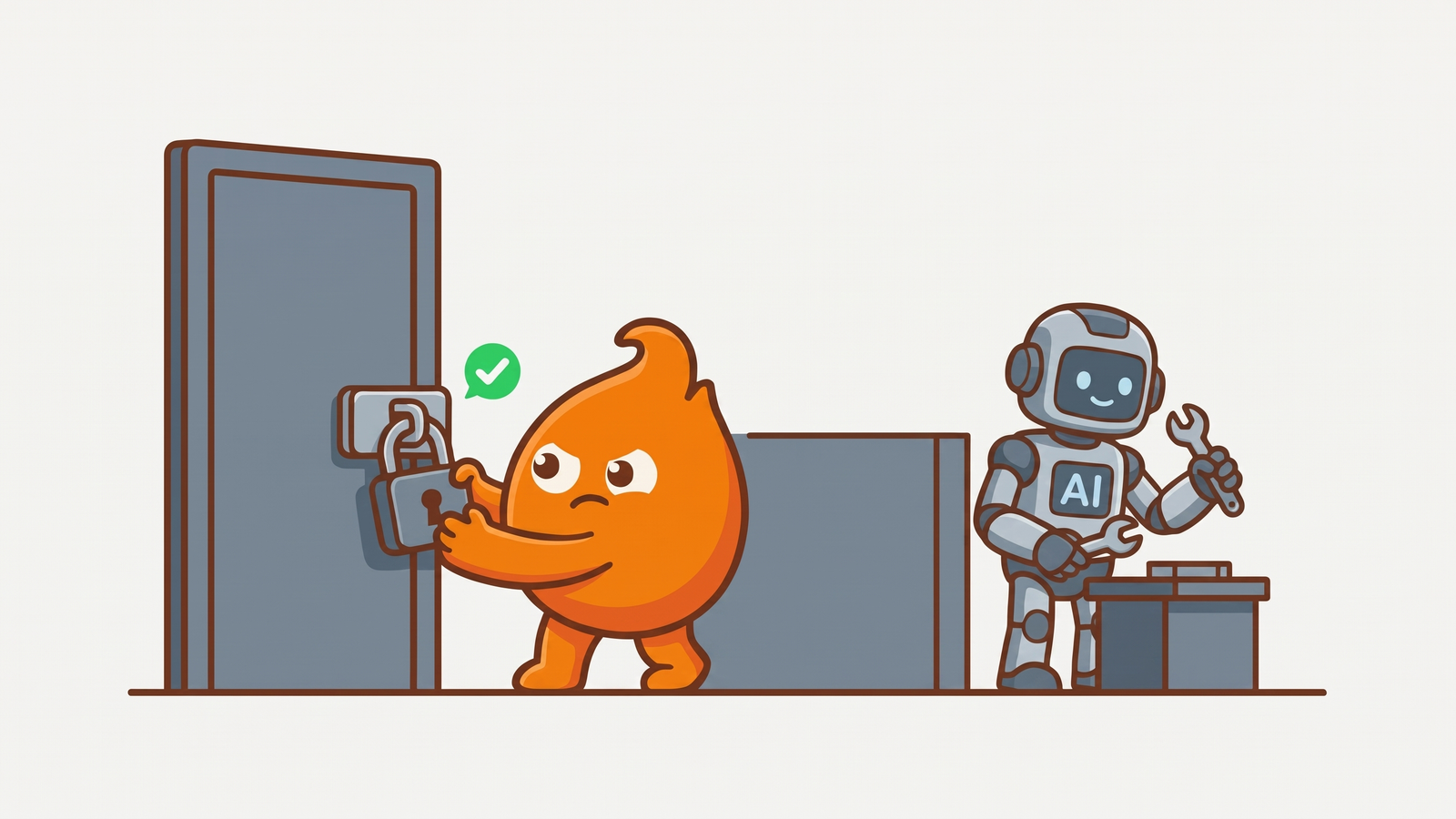 A flame mascot tugs a padlock on a door to prove it holds, green check beside it, while an AI robot works behind a low wall