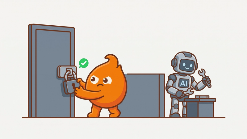 A flame mascot tugs a padlock on a door to prove it holds, green check beside it, while an AI robot works behind a low wall