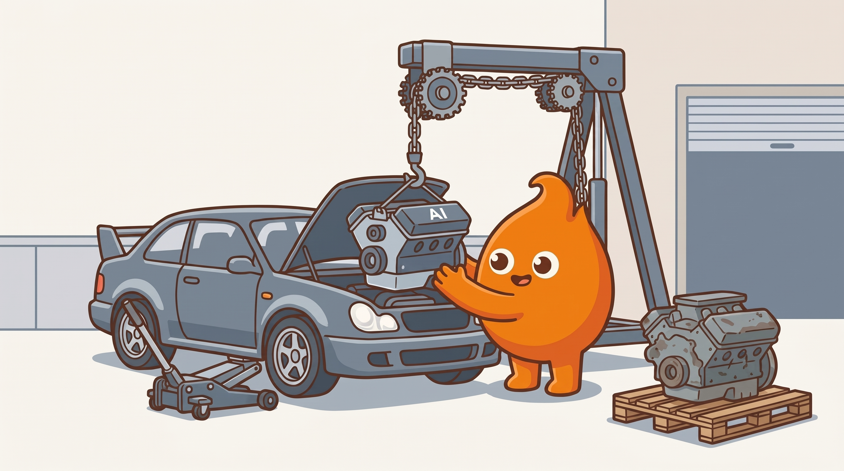 The flame mascot guides a new engine labeled AI on a hoist into a car with the hood up, while the old worn engine waits on a pallet: swapping the engine without replacing the car.