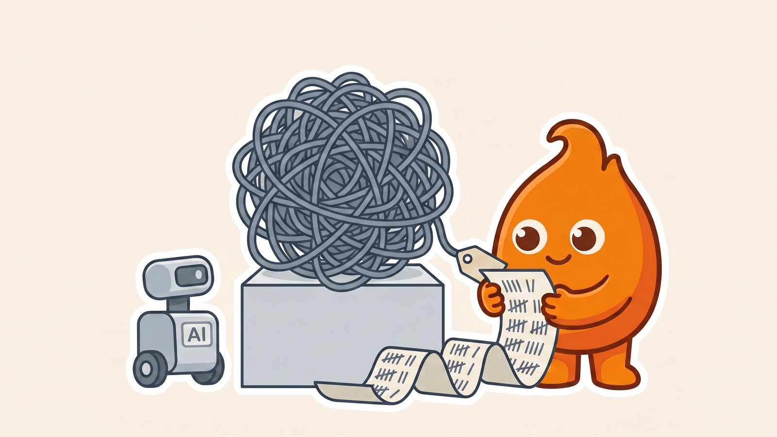 A tangled ball of grey yarn on a pedestal unspools into a long tally-mark price tag the character reads aloud, while a small AI robot waits beside it