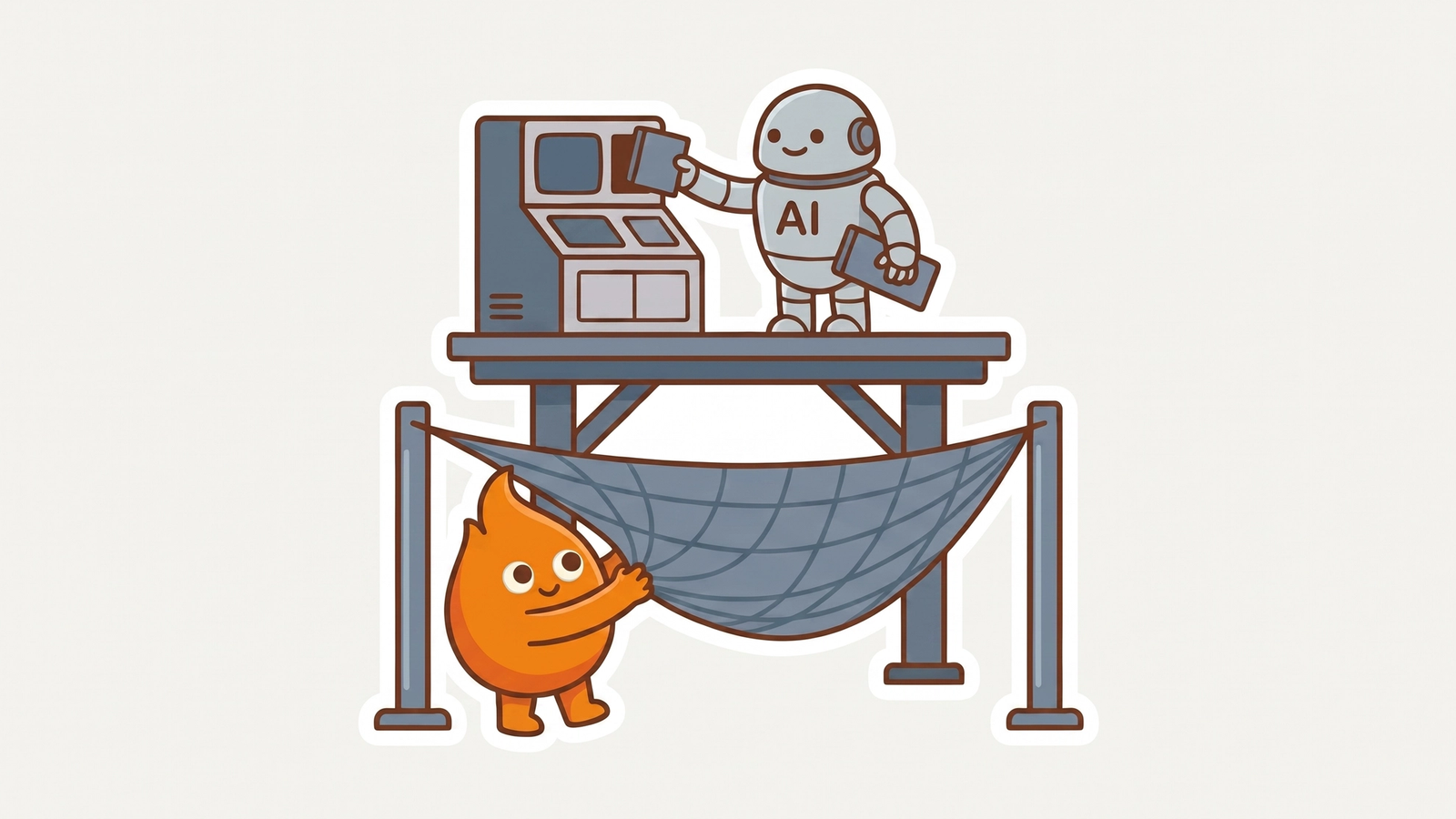 A safety net is stretched under a platform before an AI robot swaps a legacy panel, protection going up before any change is made