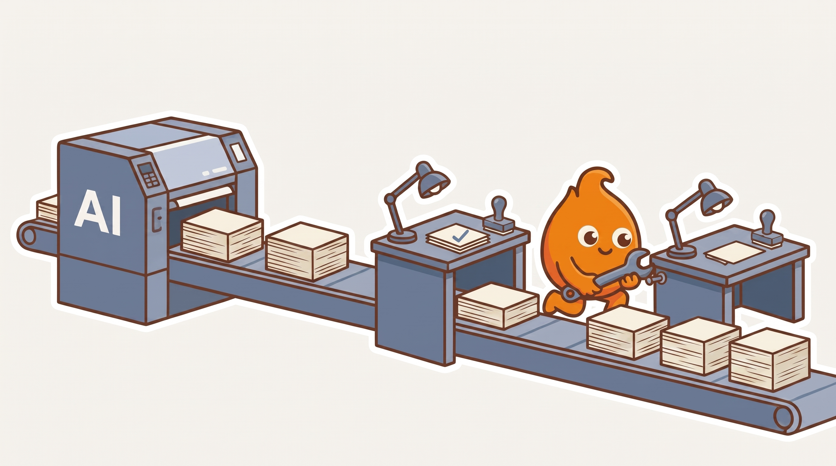 A conveyor from an AI-labeled printer feeds a single busy review desk while the character bolts a second identical desk into place to keep up