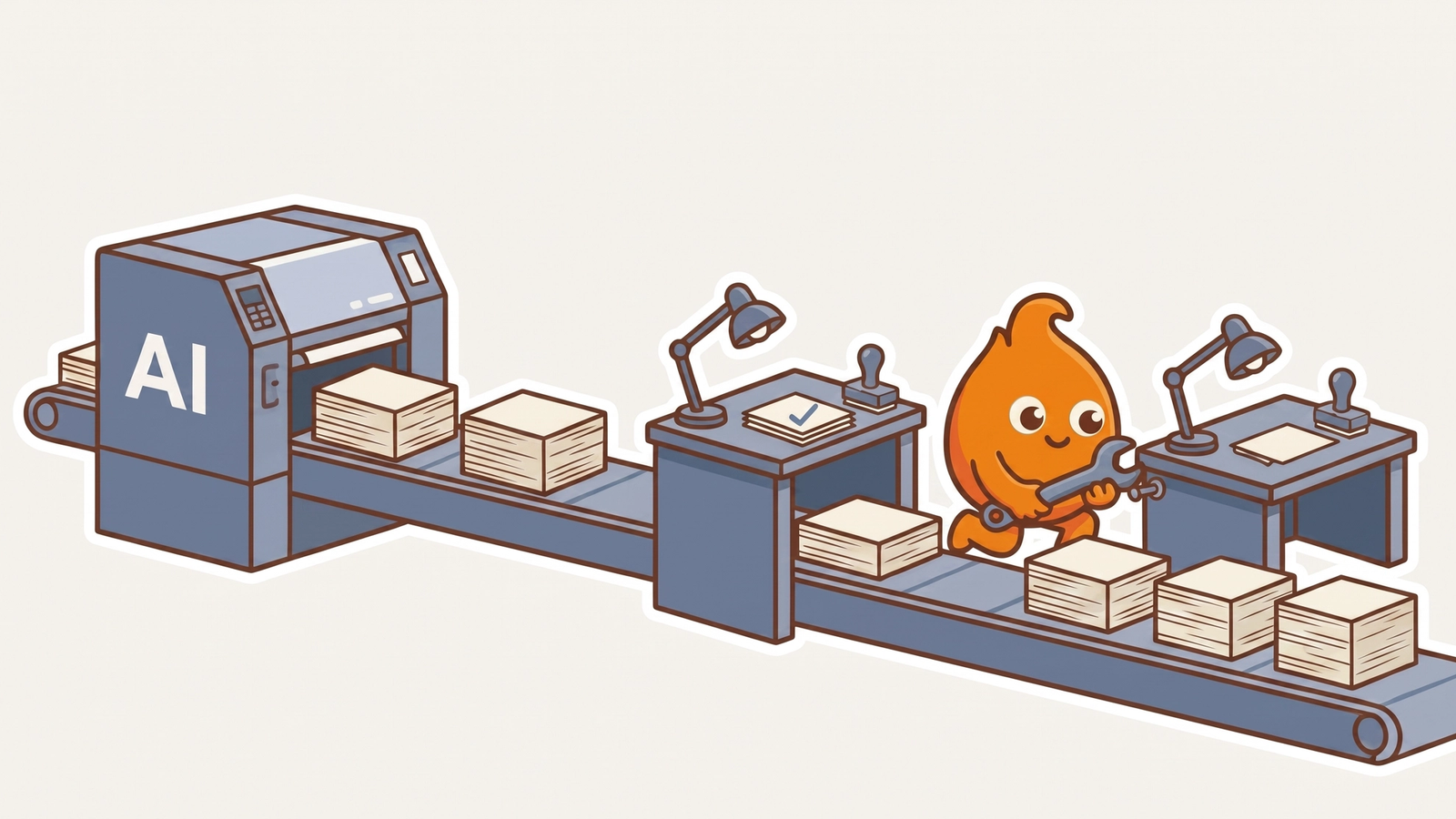 A conveyor from an AI-labeled printer feeds a single busy review desk while the character bolts a second identical desk into place to keep up