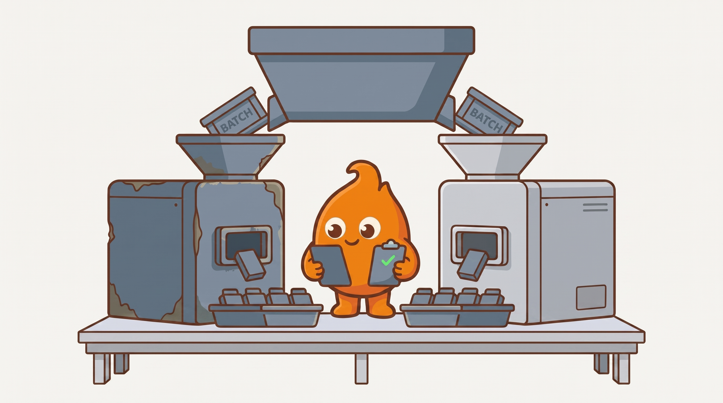 Illustration: one hopper feeds both a weathered old machine and a clean new one, and both produce identical trays of output, verified against a checklist.
