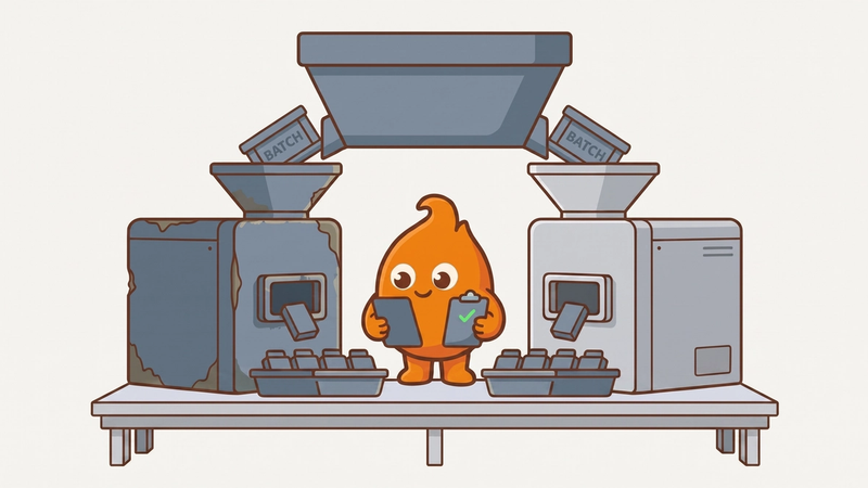 Illustration: one hopper feeds both a weathered old machine and a clean new one, and both produce identical trays of output, verified against a checklist.